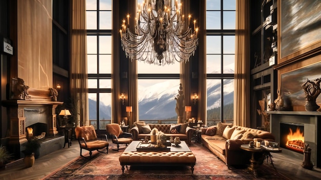 A stunning view of a luxurious living room inside a mountain retreat blending opulence and natural beauty