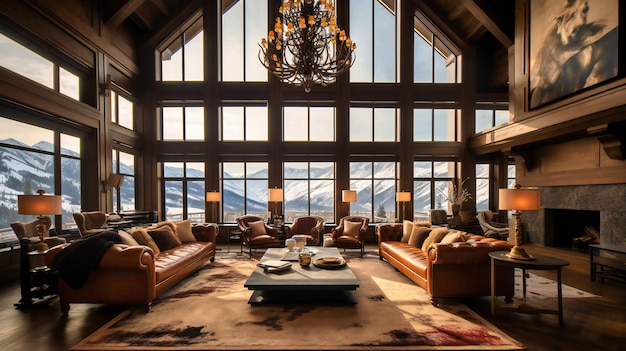 A stunning view of a luxurious living room inside a mountain retreat blending opulence and natural beauty