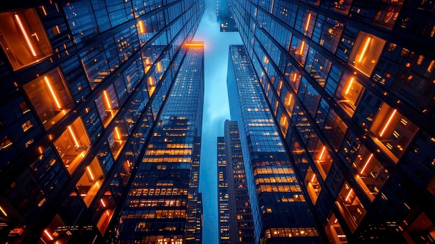 Stunning view of modern skyscrapers illuminated at night with glowing windows and ambient lighting c