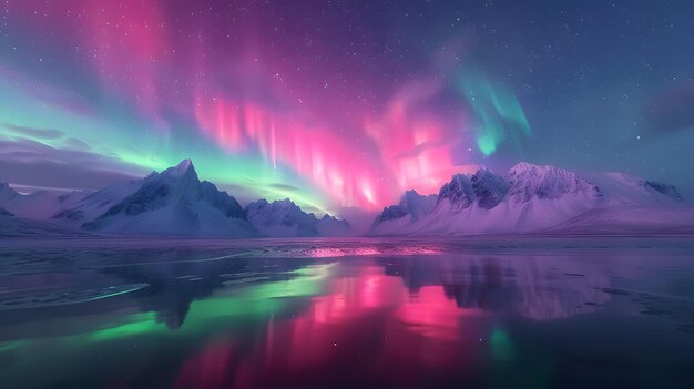 Photo a stunning view of the northern lights over snowcovered mountains with vibrant green and pink lights