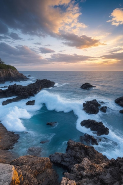 A stunning view of the ocean with large rocks jutting out of the water and a brilliant sky above