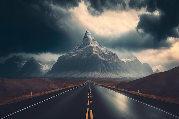 Stunning view of a road in front of tall rocky mountains under an overcast sky