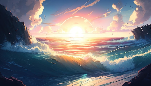 A stunning view of the sea with shining sunlight captured in an illustration