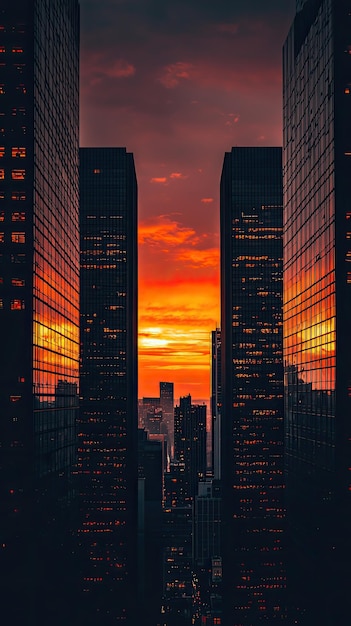 A stunning view of silhouetted skyscrapers framed by glowing orange sky at sunset creating dramatic urban landscape vibrant colors reflect off glass buildings enhancing scenes beauty