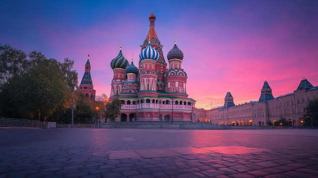 Stunning view of St Basils Cathedral at sunset with vibrant colors