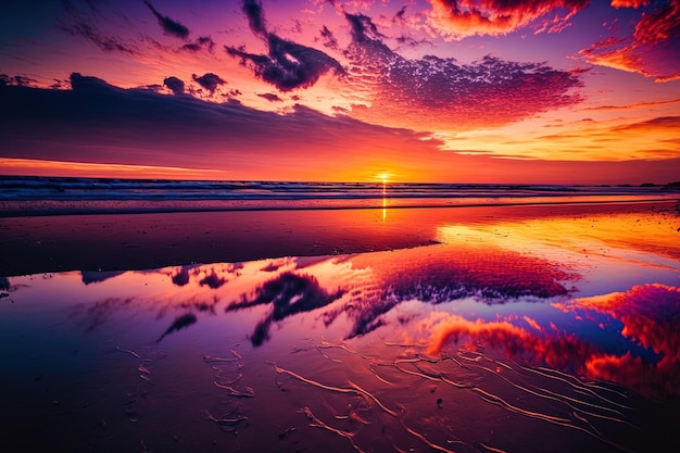 Stunning view of the sunset reflected in the water under vibrantly colored clouds