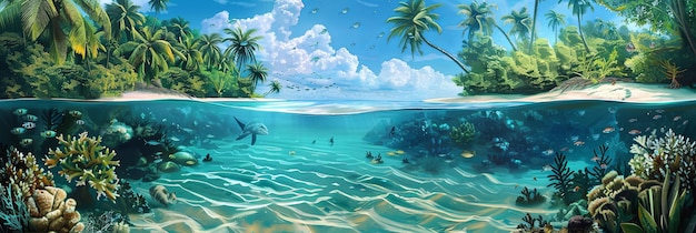 A stunning view of a tropical lagoon with crystal clear water and vibrant coral reefs teeming with fish Generative AI