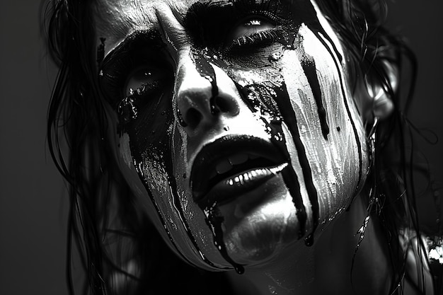 Photo stunning visual beautiful woman with dripping paint on her face screaming in pain against a dark ba