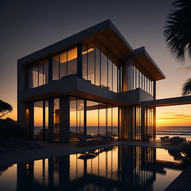 a stunning visual of a modern beachfront villa at sunset with warm golden light cascading through