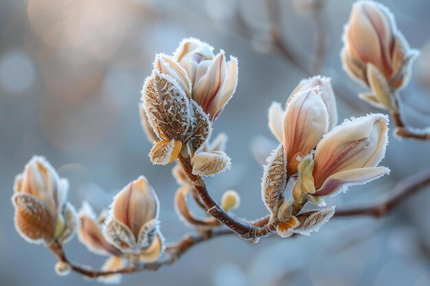 Stunning visual showing closeup of the buds and flowers in winter macro photography blurred backgr