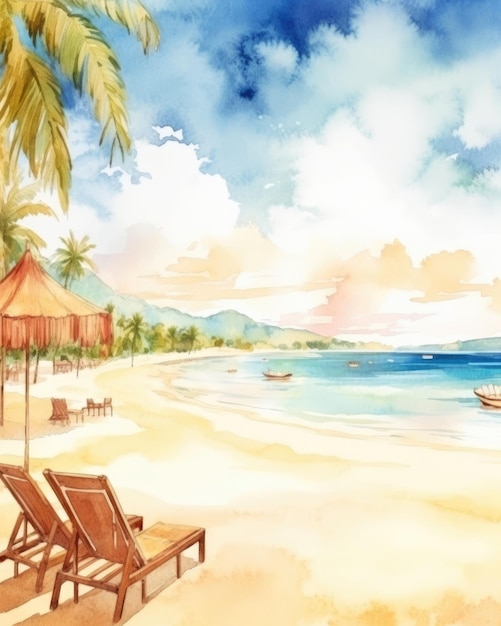 A stunning watercolor painting of a panoramic beach with chairs Generative AI