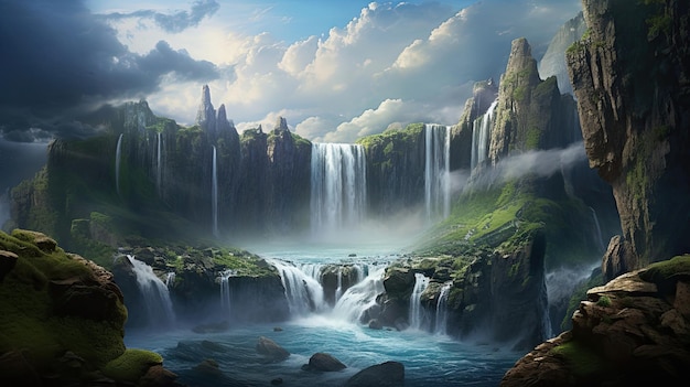 Photo stunning waterfall cascades down a rocky cliff grand spectacle rugged terrain natural beauty picturesque scenery mesmerizing cascade generated by ai