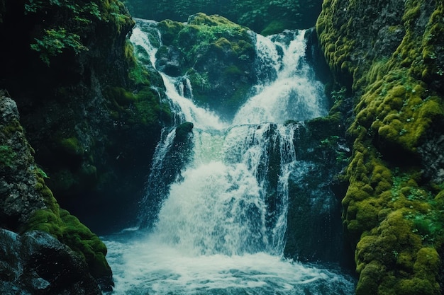 Photo a stunning waterfall flows over mossy rocks in a serene forest during midafternoon