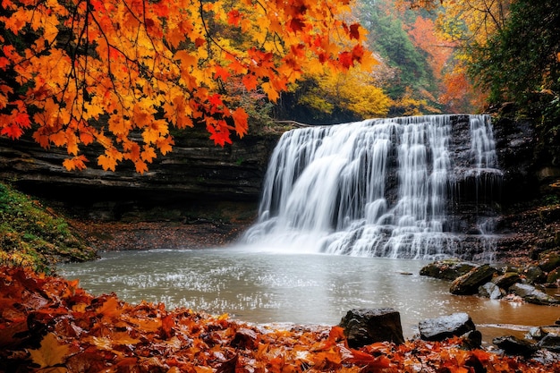 A stunning waterfall framed by autumn foliage