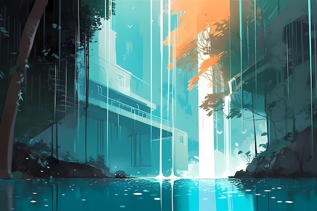 A stunning waterfall into a crystal clear pool digital art illustration