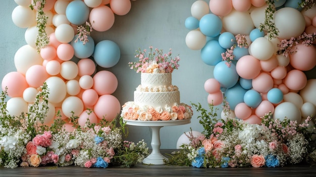 Photo stunning wedding cake display with balloon decoration and floral arrangements