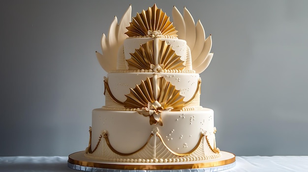 A stunning wedding cake with white fondant and gold accents