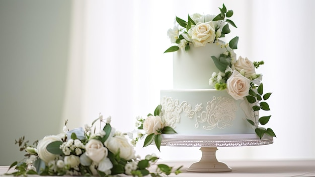 a stunning white wedding cake adorned with intricate flowers and delicate green leaves The cake sits on a pristine white wooden background creating an ambiance of timeless beauty