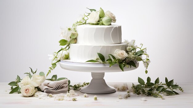 a stunning white wedding cake adorned with intricate flowers and delicate green leaves The cake sits on a pristine white wooden background creating an ambiance of timeless beauty