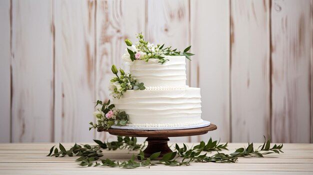 a stunning white wedding cake adorned with intricate flowers and delicate green leaves The cake sits on a pristine white wooden background creating an ambiance of timeless beauty