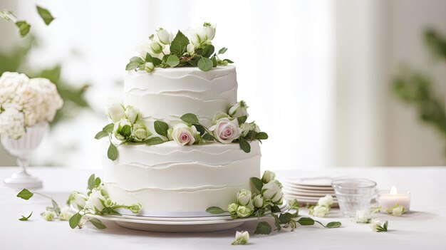 a stunning white wedding cake adorned with intricate flowers and delicate green leaves The cake sits on a pristine white wooden background creating an ambiance of timeless beauty