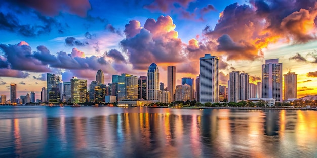 Stunning Wide Evening Panorama of Miami Business Skyline