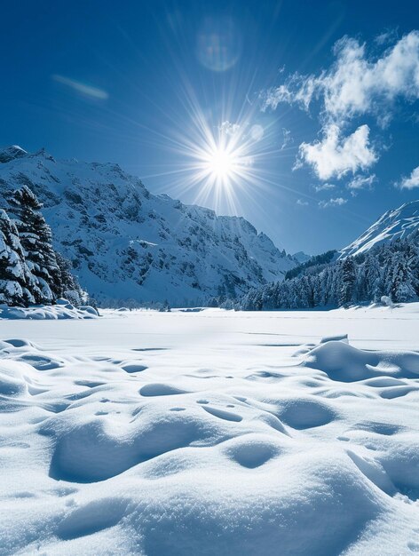 Stunning Winter Landscape with Sunburst Over SnowCovered Mountains