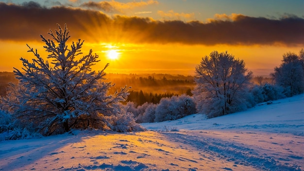 Photo stunning winter sunrise transforms snowy hills into golden wonders generated by ai