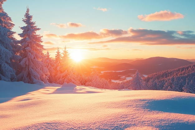 Stunning winter sunset over snowy terrain with trees and mountains in the background