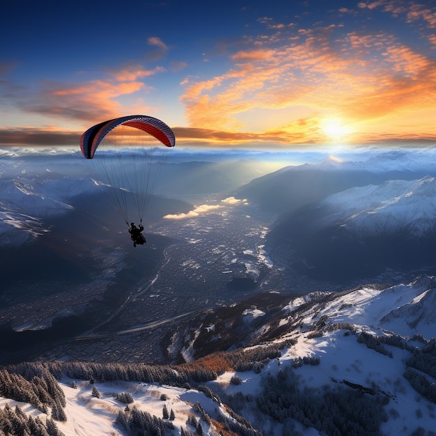 Photo stunning winter view of paragliding against a snowy landscape