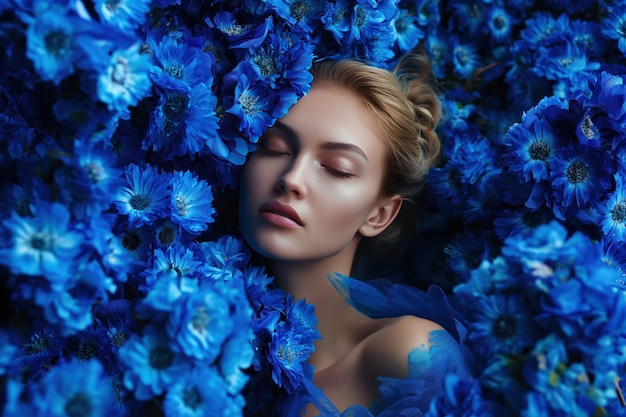 Photo stunning woman lies in blue flowers parfume concept highend fashion center composition features