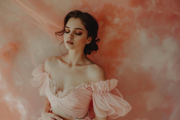 Stunning woman in Soft Coral Vintage Inspired Dress captured in a graceful lifestyle portrait with a timeless fashion background