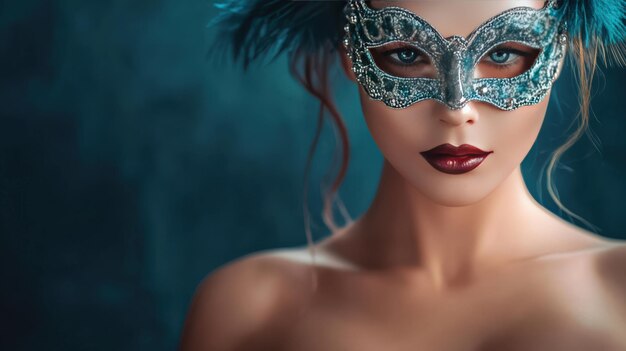 Photo a stunning woman wearing an elegant mask showcasing beauty and mystery against a rich backdrop embodying allure and intrigue