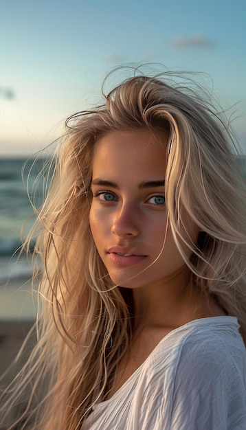 Stunning woman with blonde hair standing on seashore realistic close up portrait