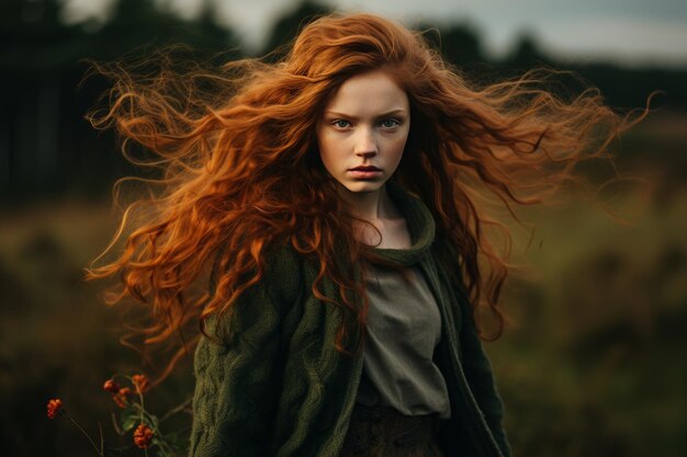 Stunning woman with vibrant red hair in green sweater in untamed natural setting