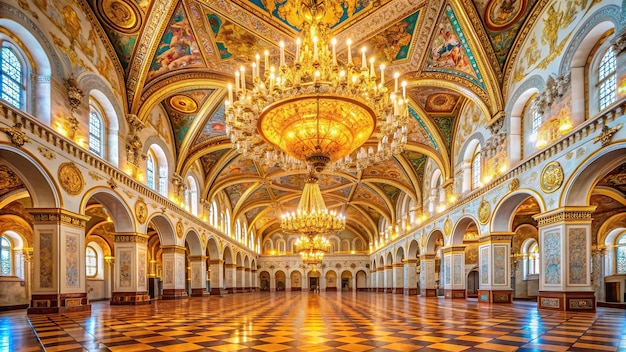 Photo a stunning worm s eye view of the magnificent georgievsky hall inside the kremlin palace in moscow showcasing its intricately detailed arches ornate chandeliers and regal golden accents