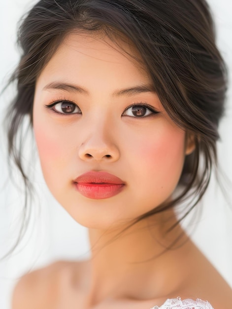 Stunning yearold Asian woman with flawless makeup in red lipstick and smokey eye shadow