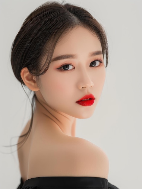 Stunning yearold Asian woman with flawless makeup in red lipstick and smokey eye shadow