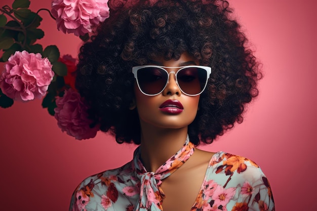 Stunning young AfroAmerican woman with curly black hair and sunglasses exudes beauty and confidence