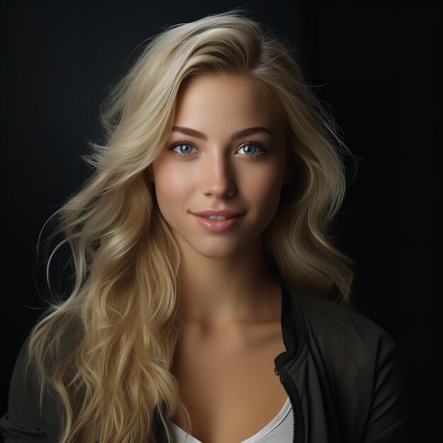 A stunning young blonde grinning and facing the camera against a gray backdrop Generative Ai