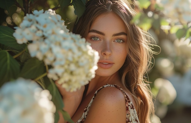 Photo a stunning young woman in a floral dress holding flowers posing gracefully in a picturesque setting