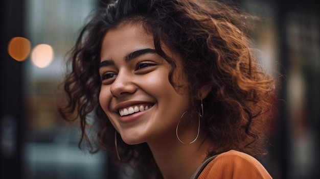 Stunning young woman smiling and averting her eyes The Generative AI