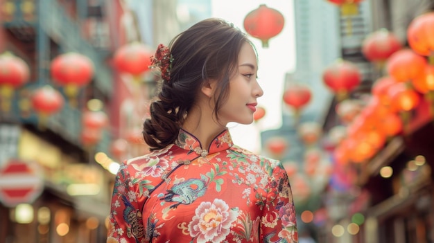 Photo stunning young woman in a traditional red cheongsam dress adorned with intricate floral designs