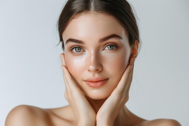 A stunning young woman with pure fresh skin touches her own face therapy for the face beauty spa and cosmetology Generative AI