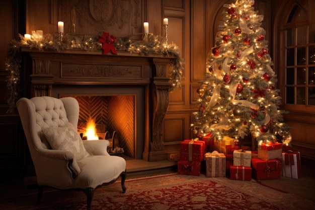 Stunningly adorned room for the holidays featuring a Christmas tree fireplace and a comfortable armc...