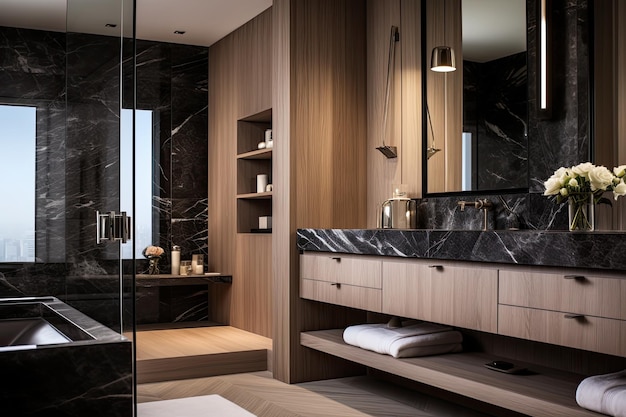 A stunningly elegant and lavish bathroom featuring a contemporary design with a lighttoned wooden ca