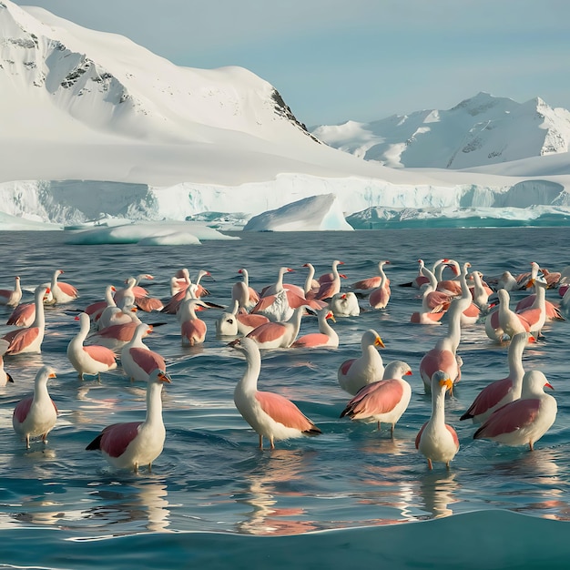 A stunningly realistic depiction of a lot of birds standing gracefully in the Arctic Ocean