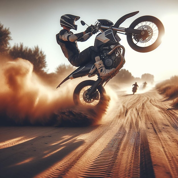 Stunt racer performing a stunt on a motorcycle on a dusty road with sand motorsport