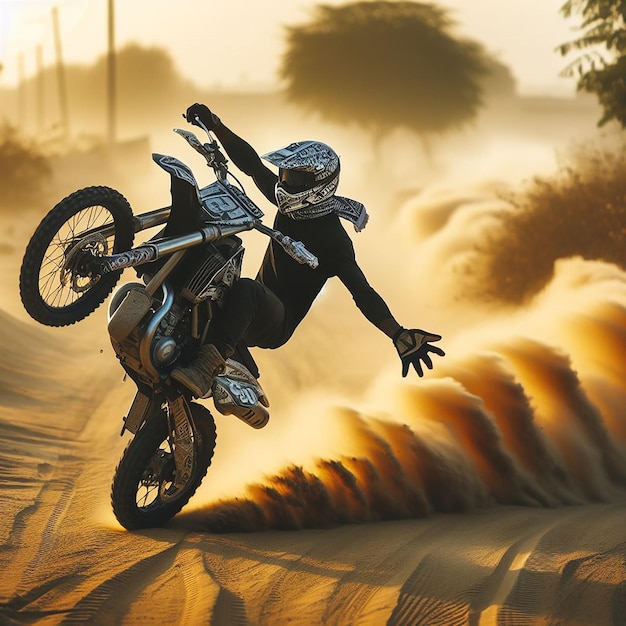 Stunt racer performing a stunt on a motorcycle on a dusty road with sand motorsport