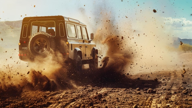 A sturdy 4x4 vehicle accelerates on a muddy trail flinging debris as it powers through a wild and untamed landscape